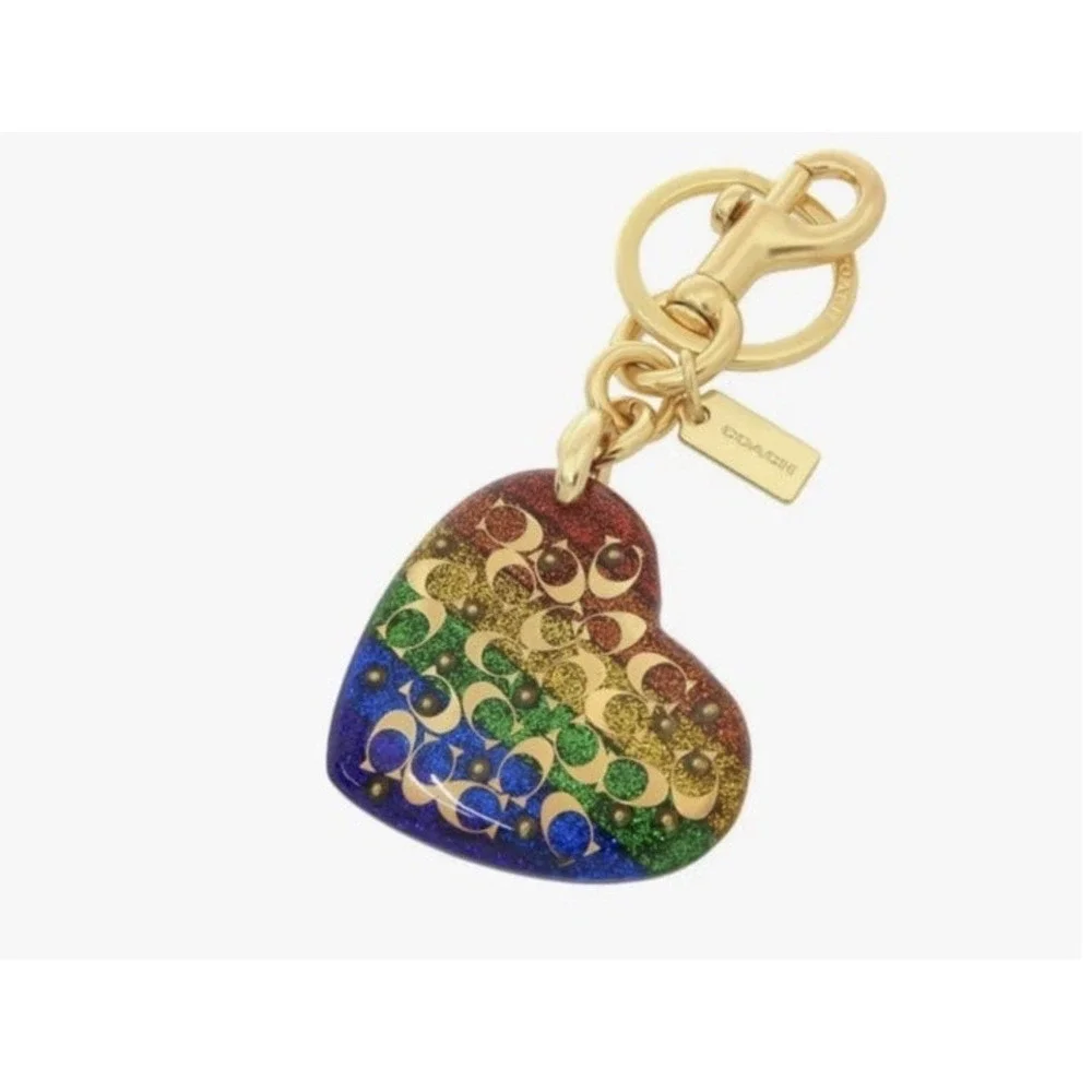 Coach Sprinkle Signature Heart Bag Charm Rainbow Pride Glitter Keychain NEW HTF!